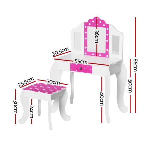 Keezi Kids Dressing Table Vanity Makeup Chair Set Wooden 3 Mirror Drawer Pink - Image 4