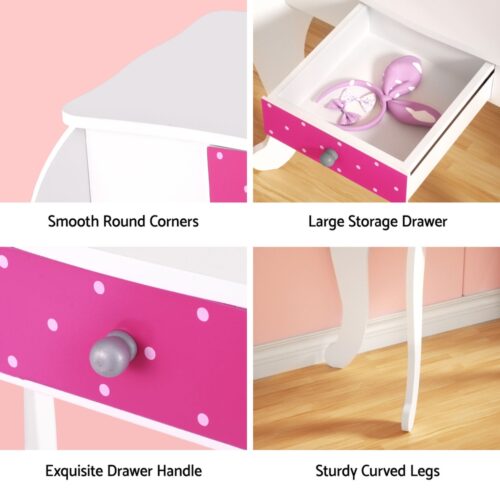Keezi Kids Dressing Table Vanity Makeup Chair Set Wooden 3 Mirror Drawer Pink - Image 7