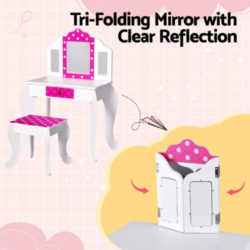 Keezi Kids Dressing Table Vanity Makeup Chair Set Wooden 3 Mirror Drawer Pink - Image 8