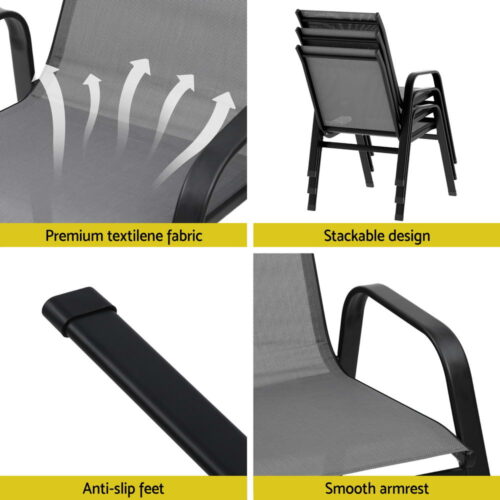 Gardeon 6PC Outdoor Dining Chairs Stackable Lounge Chair Patio Furniture Grey - Image 6