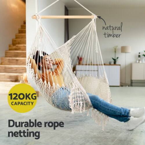 Gardeon Hammock Chair Swing Camping Mesh Cream - Image 4