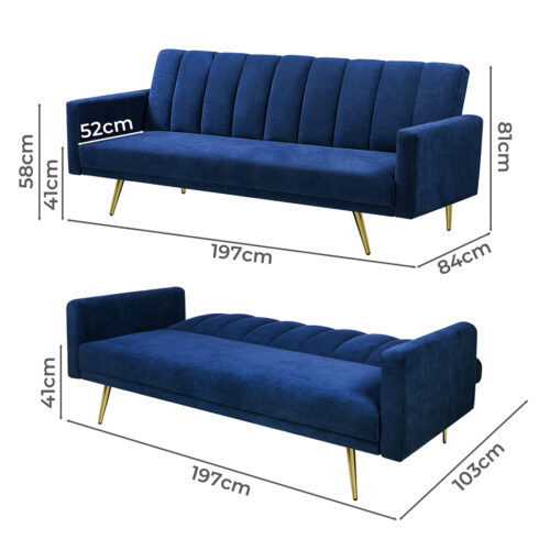 Levede Sofa Bed Convertible Velvet Lounge Recliner Couch Sleeper 3 Seater Blue - Image 3