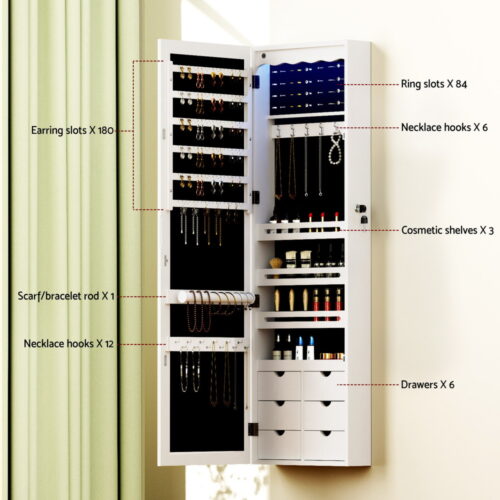 Artiss Jewellery Cabinet LED Mirror Lockable - Image 8