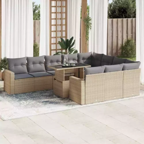 11-Piece Garden Sofa Set with Cushions Beige Poly Rattan - Image 13