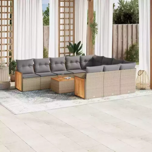 11-Piece Garden Sofa Set with Cushions Beige Poly Rattan Wicker Outdoor Patio Furniture - Image 4