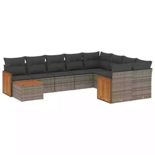 10-Piece Garden Sofa Set with Cushions Grey Poly Rattan Wicker Outdoor Patio Furniture - Image 3