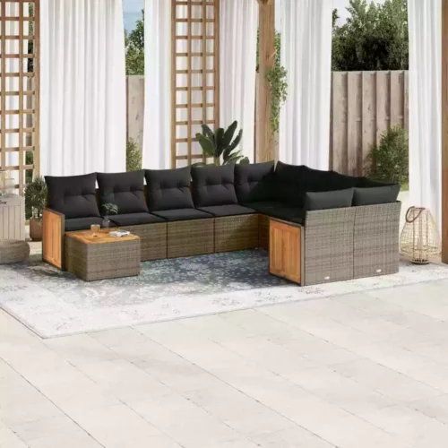 10-Piece Garden Sofa Set with Cushions Grey Poly Rattan Wicker Outdoor Patio Furniture - Image 4