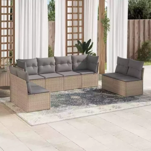 8-Piece Garden Sofa Set with Cushions Beige Poly Rattan Wicker Outdoor Patio Furniture - Image 3