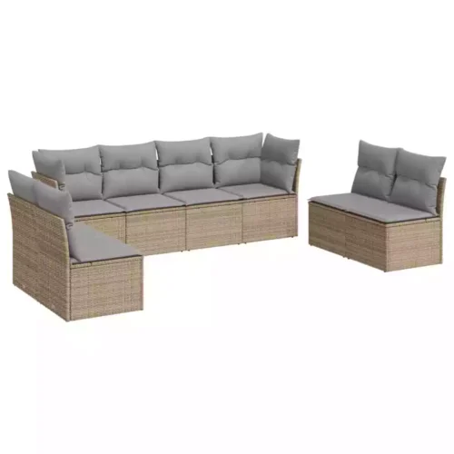 8-Piece Garden Sofa Set with Cushions Beige Poly Rattan Wicker Outdoor Patio Furniture - Image 4