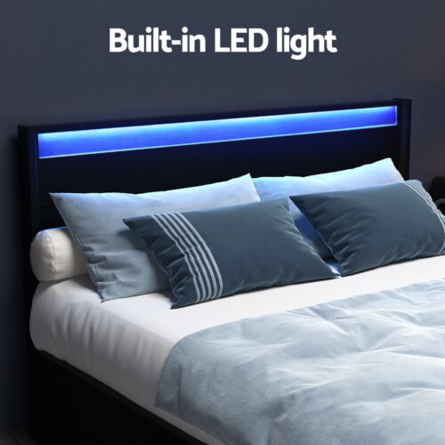 Artiss Bed Frame Double Size LED with 4 Drawers Black DUNN - Image 5