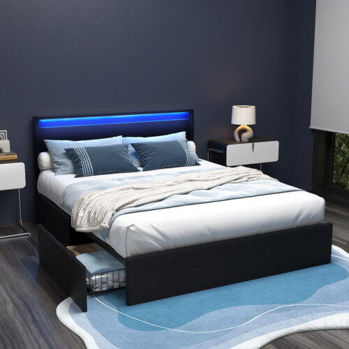 Artiss Bed Frame Queen Size LED with 4 Drawers Black DUNN - Image 7