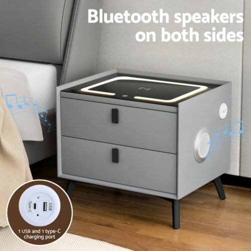 Artiss Smart Bedside Table with Wireless Charging - AIKA Grey - Image 5