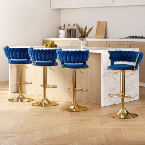 Artiss 4x Bar Stools Gas Lift Velvet Woven Backrest Navy - Image 2