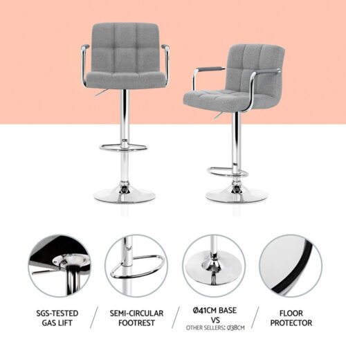 Artiss 4x Bar Stools Fabric Gas Lift w/Armrest Grey - Image 4