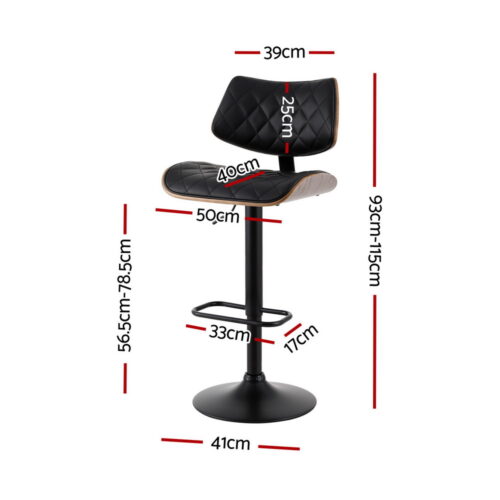 Artiss 4x Bar Stools Kitchen Dining Chairs Gas Lift Stool Wooden Leather Black - Image 2