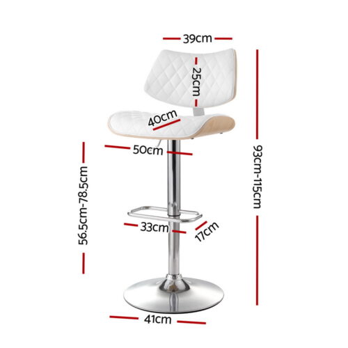 Artiss 2x Bar Stools Kitchen Dining Chairs Gas Lift Stool Wooden Leather White - Image 2