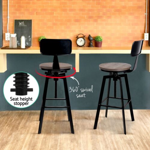 Artiss 4x Bar Stools Kitchen Dining Chairs Adjustable Wood Stool w/Backrest - Image 6