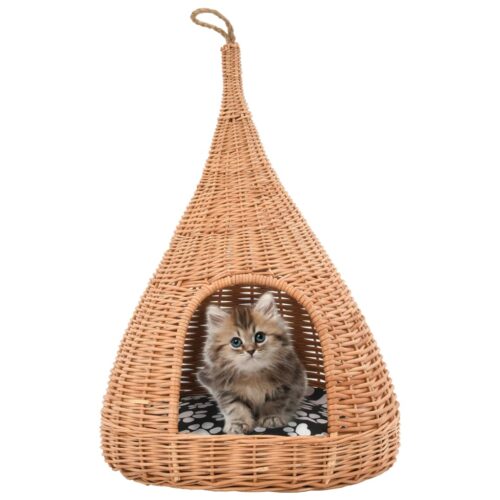Cat House with Cushion 40x60cm Natural Willow Teepee