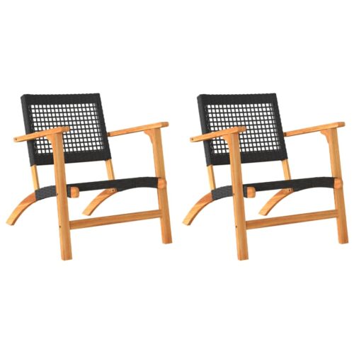 Garden Chairs 2pcs Black Poly Rattan Wicker Outdoor Patio Furniture Acacia Wood - Image 12