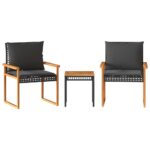 3-Piece Bistro Set with Cushions Black Poly Rattan Wicker Outdoor Patio Furniture Acacia Wood