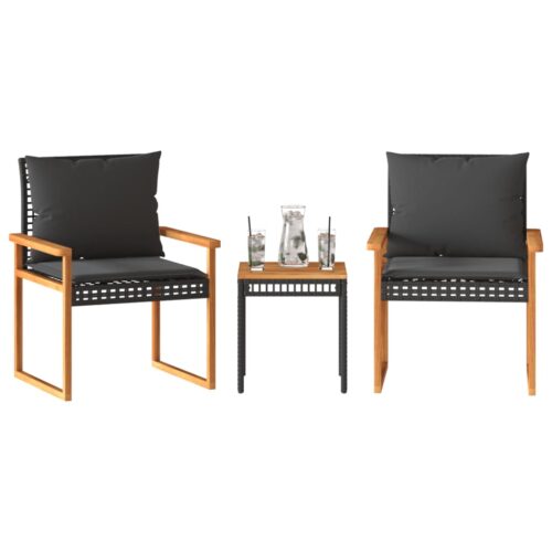 3-Piece Bistro Set with Cushions Black Poly Rattan Wicker Outdoor Patio Furniture Acacia Wood - Image 2