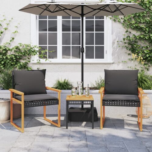 3-Piece Bistro Set with Cushions Black Poly Rattan Wicker Outdoor Patio Furniture Acacia Wood - Image 3
