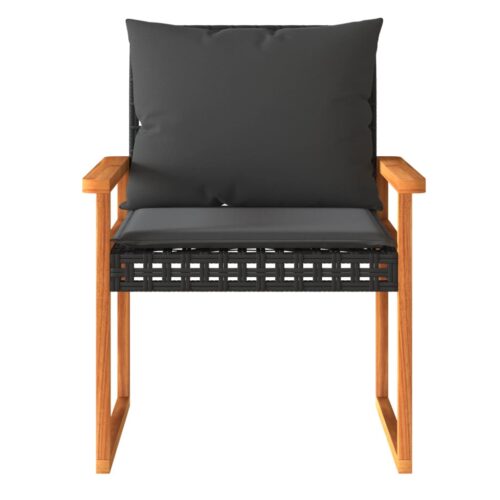 3-Piece Bistro Set with Cushions Black Poly Rattan Wicker Outdoor Patio Furniture Acacia Wood - Image 5