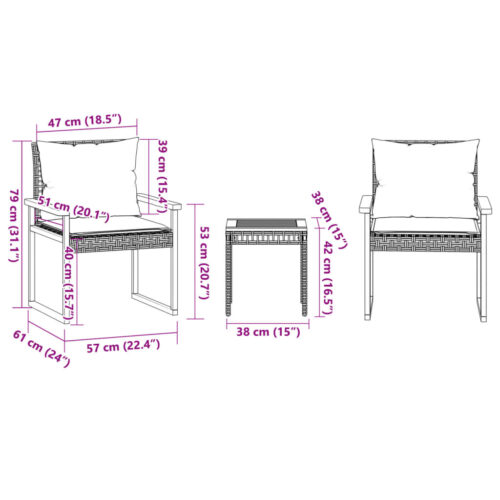 3-Piece Bistro Set with Cushions Black Poly Rattan Wicker Outdoor Patio Furniture Acacia Wood - Image 11