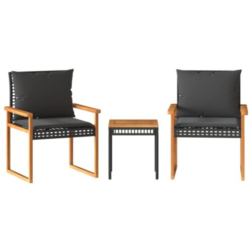 3-Piece Bistro Set with Cushions Black Poly Rattan Wicker Outdoor Patio Furniture Acacia Wood - Image 12