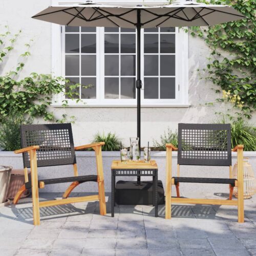 3-Piece Bistro Set Black Poly Rattan Wicker Outdoor Patio Furniture Wood Timber Outdoor Patio Furniture Acacia - Image 2
