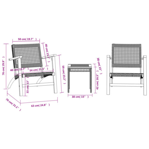 3-Piece Bistro Set Black Poly Rattan Wicker Outdoor Patio Furniture Wood Timber Outdoor Patio Furniture Acacia - Image 10