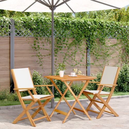 3-Piece Bistro Set Cream White Fabric Wood Timber Outdoor Patio Furniture - Image 2