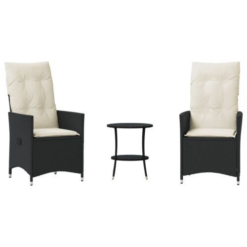 3-Piece Bistro Set with Cushions Black Poly Rattan Wicker Outdoor Patio Furniture - Image 12