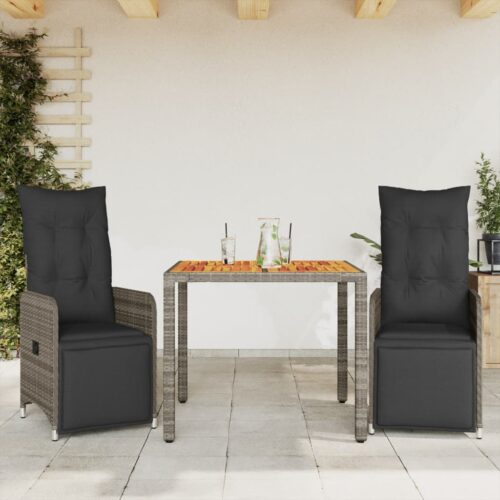 3-Piece Garden Bistro Set with Cushions Grey Poly Rattan Wicker Outdoor Patio Furniture - Image 2
