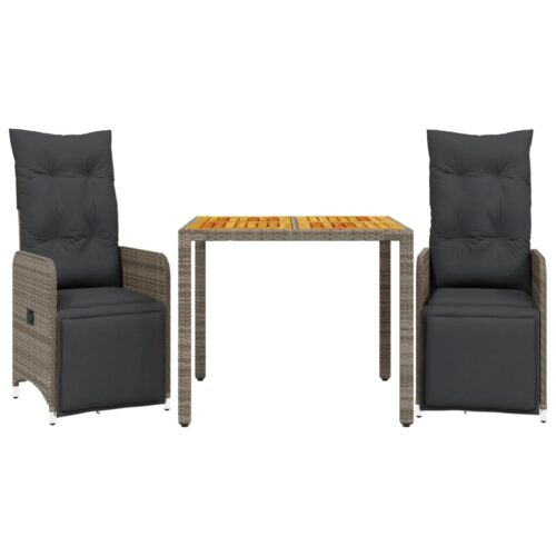 3-Piece Garden Bistro Set with Cushions Grey Poly Rattan Wicker Outdoor Patio Furniture - Image 11
