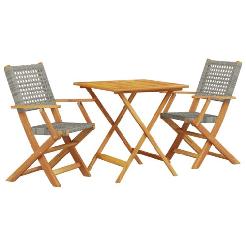 3-Piece Bistro Set Grey Poly Rattan Wicker Outdoor Patio Furniture Wood Timber Outdoor Patio Furniture