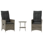 3-Piece Bistro Set with Cushions Grey Poly Rattan Wicker Outdoor Patio Furniture