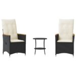 3-Piece Bistro Set with Cushions Black Poly Rattan Wicker Outdoor Patio Furniture
