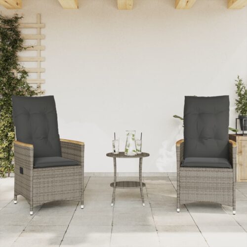 3-Piece Bistro Set with Cushions Grey Poly Rattan Wicker Outdoor Patio Furniture - Image 3