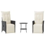 3-Piece Bistro Set with Cushions Black Poly Rattan Wicker Outdoor Patio Furniture