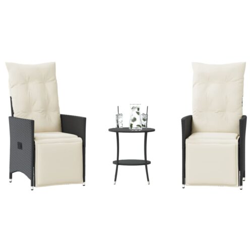 3-Piece Bistro Set with Cushions Black Poly Rattan Wicker Outdoor Patio Furniture - Image 2