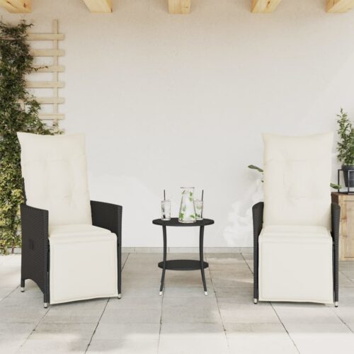 3-Piece Bistro Set with Cushions Black Poly Rattan Wicker Outdoor Patio Furniture - Image 3
