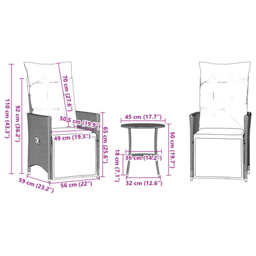 3-Piece Bistro Set with Cushions Black Poly Rattan Wicker Outdoor Patio Furniture - Image 10