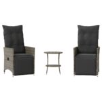 3-Piece Bistro Set with Cushions Grey Poly Rattan Wicker Outdoor Patio Furniture