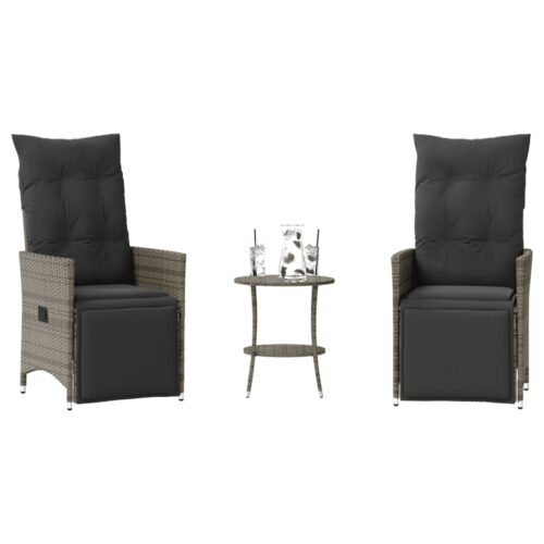 3-Piece Bistro Set with Cushions Grey Poly Rattan Wicker Outdoor Patio Furniture - Image 2