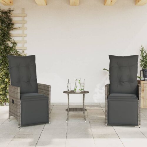3-Piece Bistro Set with Cushions Grey Poly Rattan Wicker Outdoor Patio Furniture - Image 3