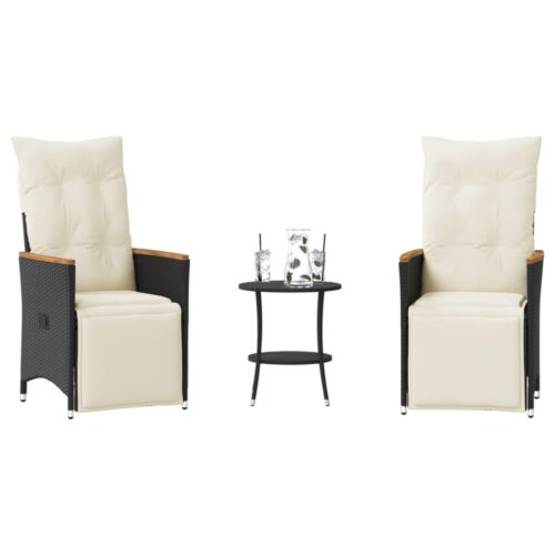 3-Piece Bistro Set with Cushions Black Poly Rattan Wicker Outdoor Patio Furniture - Image 2