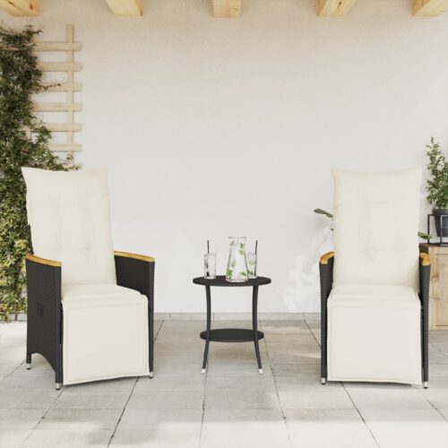 3-Piece Bistro Set with Cushions Black Poly Rattan Wicker Outdoor Patio Furniture - Image 3