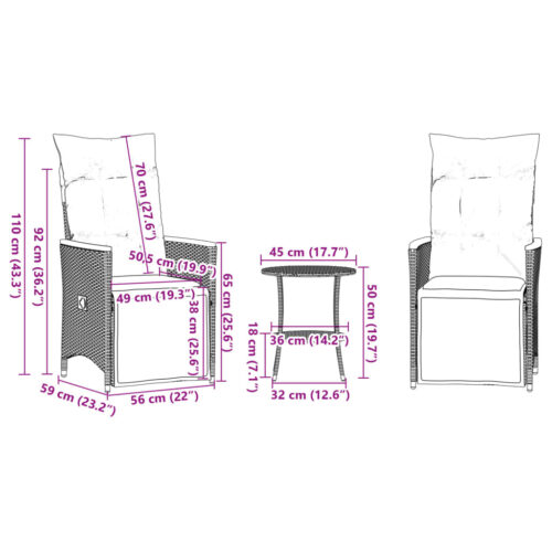 3-Piece Bistro Set with Cushions Black Poly Rattan Wicker Outdoor Patio Furniture - Image 10