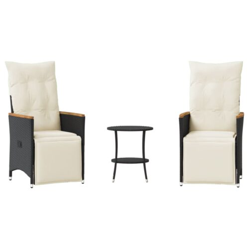 3-Piece Bistro Set with Cushions Black Poly Rattan Wicker Outdoor Patio Furniture - Image 12